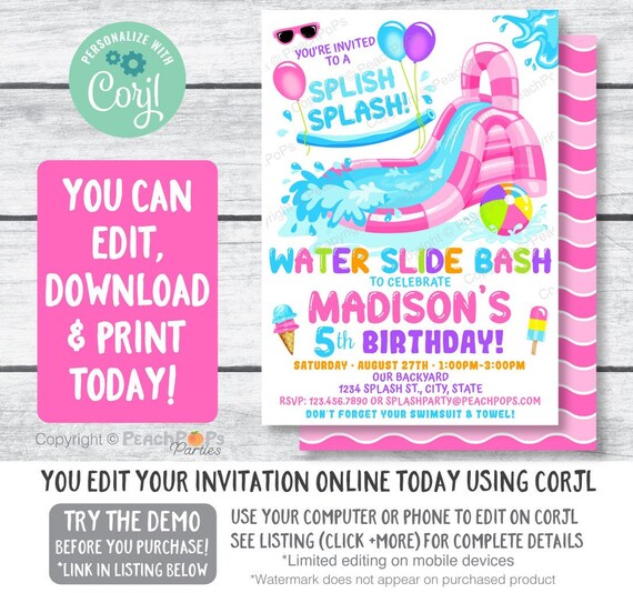 Editable Water Slide Birthday Splash Party Invitation PINK Etsy