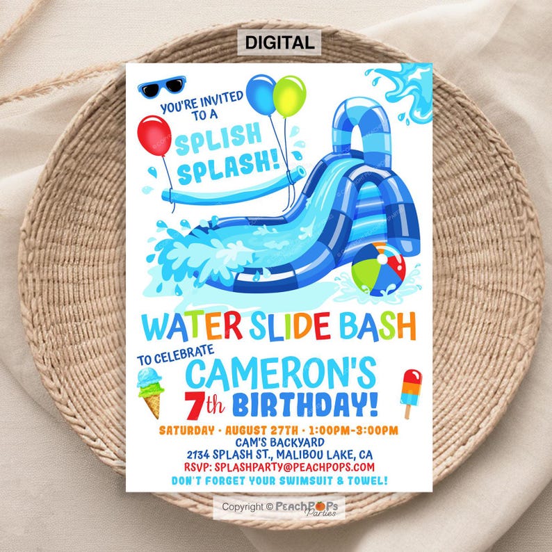Blue water slide digital editable birthday invitation that you edit on Corjl. Aqua and blue inflatable water slide, with red, blue, green balloons, colorful beach ball, ice cream cone and freezer pop and blue splash water accents on white background.