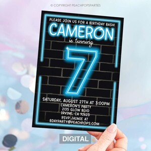 Editable Birthday Bash Neon Party Invitation - 7th - ANY Age - Glow Party - BLUE - Boy Girl - DIGITAL Printable Invite 5”x7” - Edit today!