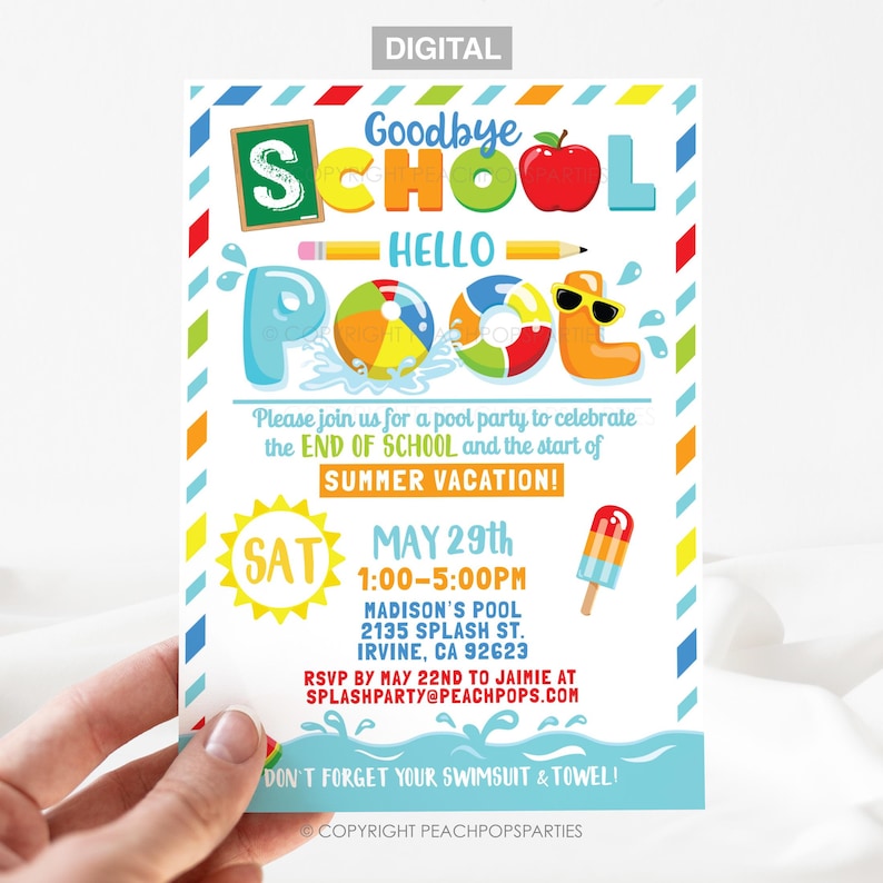 Goodbye School, Hello Pool summer digital editable party invitation you edit on Corjl. Rainbow striped edge, pool wording has beach ball and sunglasses, school wording has chalkboard and apple in place of letter. Sun, watermelon, freezer pop, water.