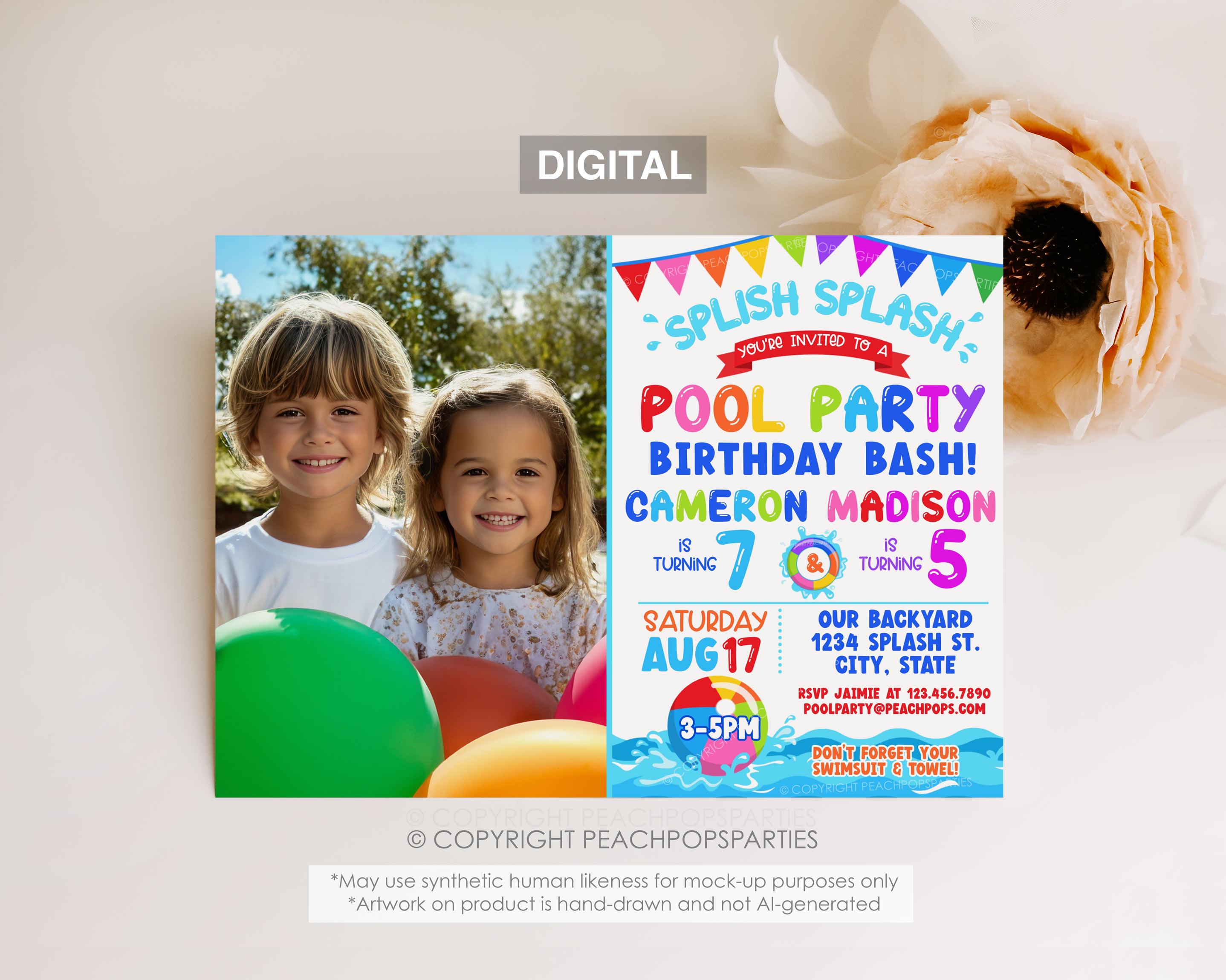Photo Party Invitations Pool Party Birthday Invitation Editable PHOTO Invite DIGITAL 7x5 ...