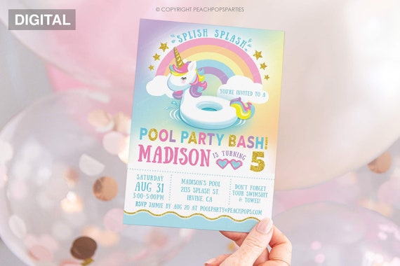 Unicorn Invitation - Unicorn Birthday Pool Party - Splish Splash Bash - Rainbow - DIGITAL Printable Editable Invite 5x7 Corjl Edit TODAY U34