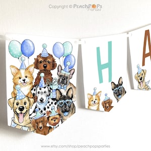 Faixa de aniversário para cachorro EDITÁVEL Lets Pawty Happy Puppy Party Banners Digital Printable Bandeirinhas Guirlanda Adoção Veterinária Decoração Azul Corjl DP314
