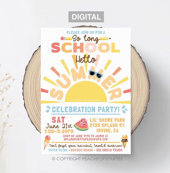 End of School Party Invitation, Hello Summer, School’s Out, Boho, Sun, Bounce, Water Slide DIGITAL EDITABLE Invite 5” x 7” Edit Today!