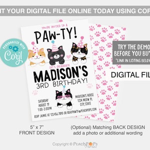 May include: A pink and white paw print pattern background with a 5x7 inch invitation for a 3rd birthday party. The invitation features a paw-ty theme with three cartoon cats wearing party hats. The text on the invitation reads "You're invited to a Paw-ty! Let's celebrate Madison's 3rd Birthday!"