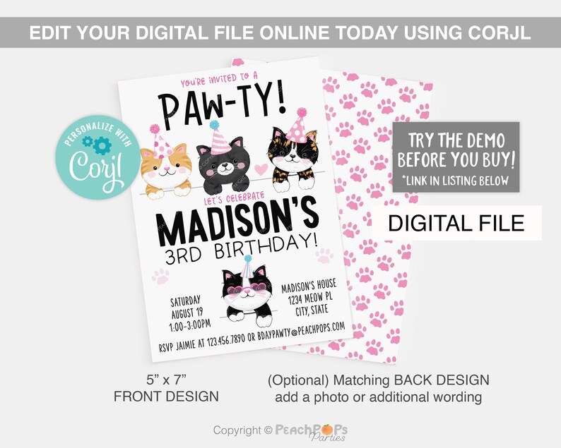 May include: A pink and white paw print pattern background with a 5x7 inch invitation for a 3rd birthday party. The invitation features a paw-ty theme with three cartoon cats wearing party hats. The text on the invitation reads "You're invited to a Paw-ty! Let's celebrate Madison's 3rd Birthday!"