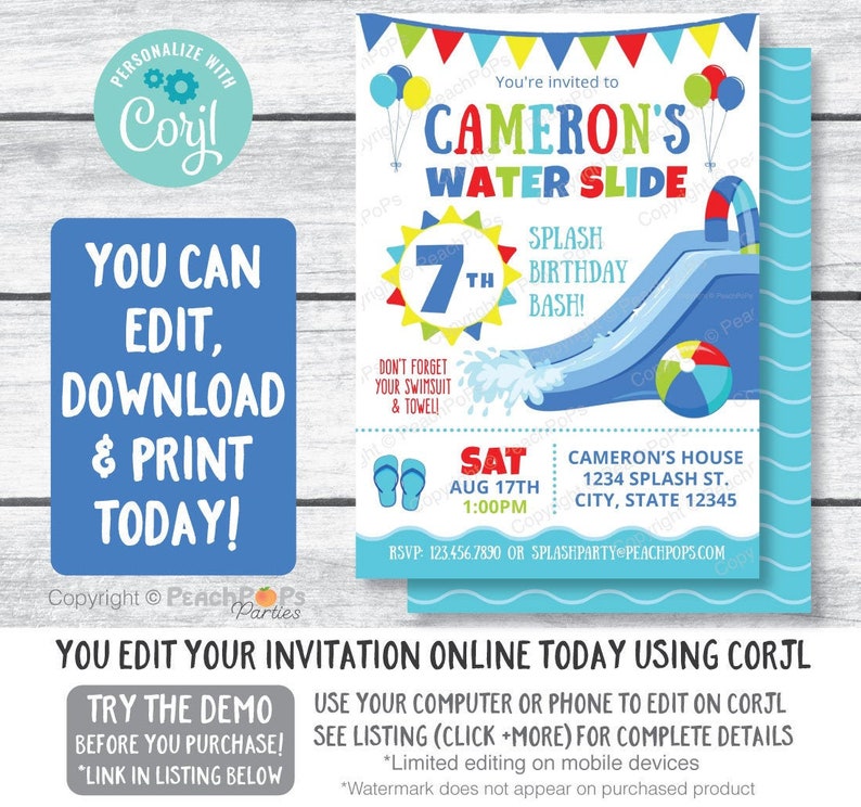 Blue water slide digital editable birthday invitation you edit on Corjl. Blue, green, yellow, red balloons and beach ball, on white 5 by 7 inch vertical background. Colorful sun rays around child age. Blue sandals next to info. Blue waves on bottom.