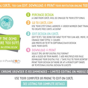 Puede incluir: Un gr&aacute;fico colorido con instrucciones sobre c&oacute;mo editar, descargar e imprimir una invitaci&oacute;n usando Corjl.com. El gr&aacute;fico incluye el texto "TRY THE DEMO BEFORE YOU BUY!" y "GOOGLE CHROME BROWSER IS RECOMMENDED - LIMITED EDITING ON MOBILE DEVICES".
