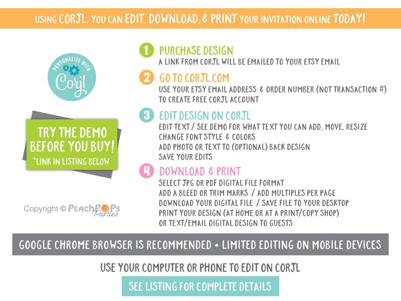 Puede incluir: Un gr&aacute;fico colorido con instrucciones sobre c&oacute;mo editar, descargar e imprimir una invitaci&oacute;n usando Corjl.com. El gr&aacute;fico incluye el texto "TRY THE DEMO BEFORE YOU BUY!" y "GOOGLE CHROME BROWSER IS RECOMMENDED - LIMITED EDITING ON MOBILE DEVICES".