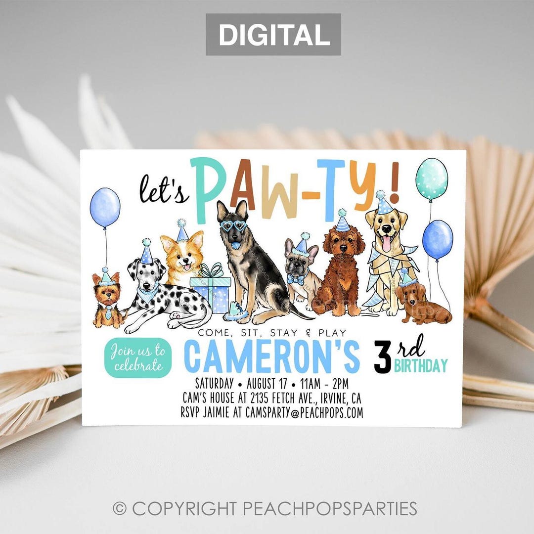Pawty Birthday, Editable Puppy Dog Invitation, Dog Birthday, Girl, Boy ...