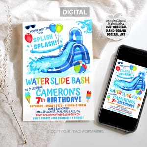 May include: A digital invitation for a 7th birthday water slide bash featuring a blue inflatable slide, balloons, and ice cream graphics. The text reads: You're invited to a splish splash! Water slide bash to celebrate Cameron's 7th birthday!