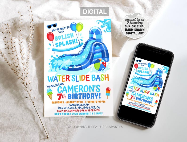 May include: A digital invitation for a 7th birthday water slide bash featuring a blue inflatable slide, balloons, and ice cream graphics. The text reads: You're invited to a splish splash! Water slide bash to celebrate Cameron's 7th birthday!