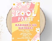 Editable Retro Pool Party Invitation Daisy Boho Invite Summer Birthday Invite Groovy 70s Hippie Invite Pink Orange DIGITAL Editable GV145