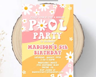Editable Retro Pool Party Invitation Daisy Boho Invite Summer Birthday Invite Groovy 70s Hippie Invite Pink Orange DIGITAL Editable GV145