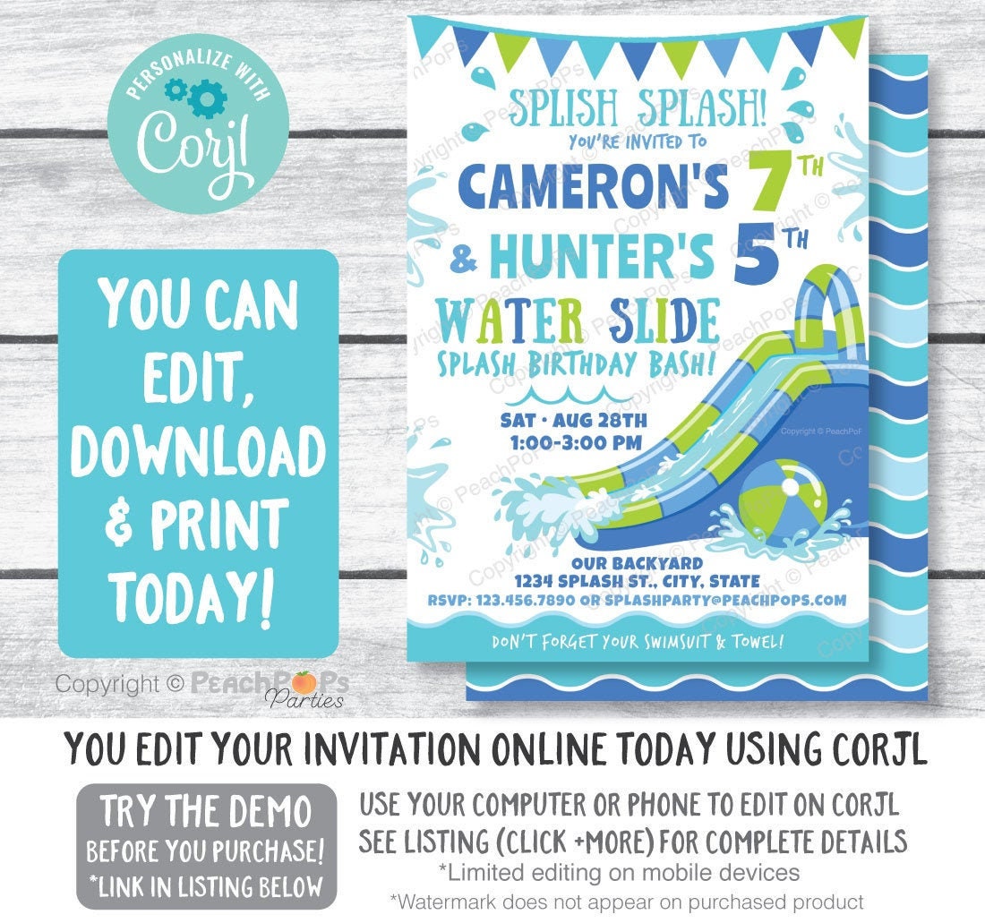 Joint Splash Water Slide Birthday Party Invitation BLUE Waterslide Ba…