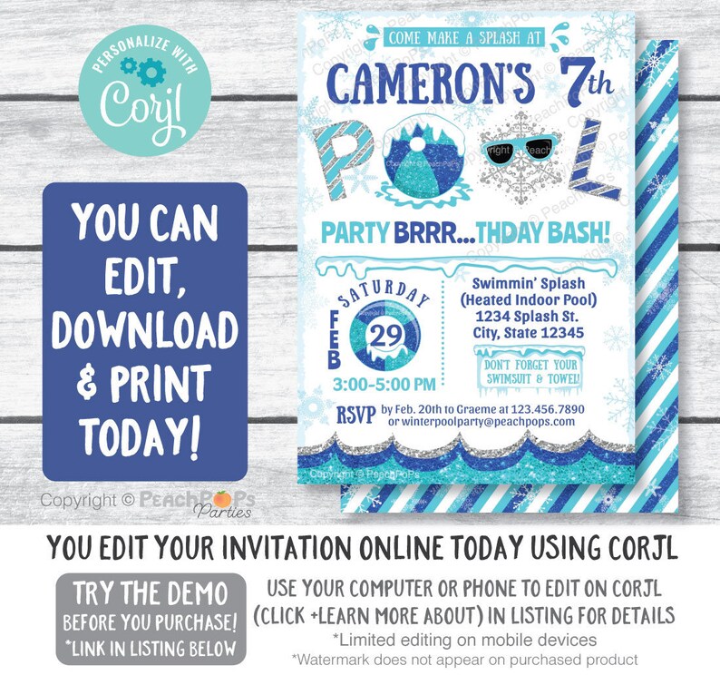 Blue winter pool digital editable birthday invitation you edit on Corjl. Pool with snowy blue beach ball letter o, glitter snowflake wearing sunglasses o. Silver,light blue snowflakes on white background. 5 by 7 inches, vertical,glitter bottom waves.