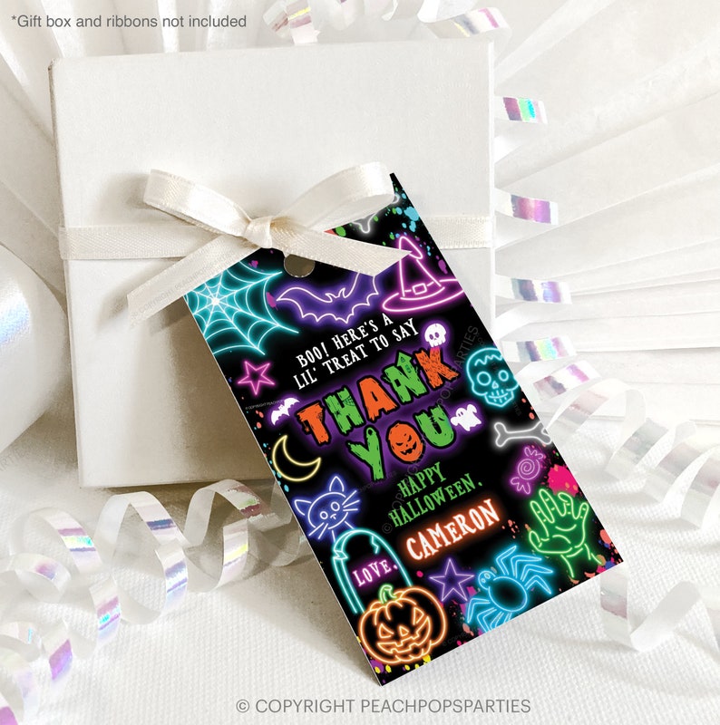 Neon Halloween Treat Tag, EDITABLE Costume Party Thank You Tag, Zombie ...