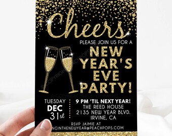 Invitación para fiesta de Nochevieja, invitación para fiesta de Año Nuevo, invitación de Año Nuevo con brillo dorado y negro - Invitación editable imprimible DIGITAL de 5" x 7" - ¡Edita HOY!