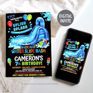 Waterslide Birthday Invitation Boy or Girl Splash Party Invite BLUE Water Slide Bash, DIGITAL Editable Printable Invite 5x7 Edit TODAY WS163