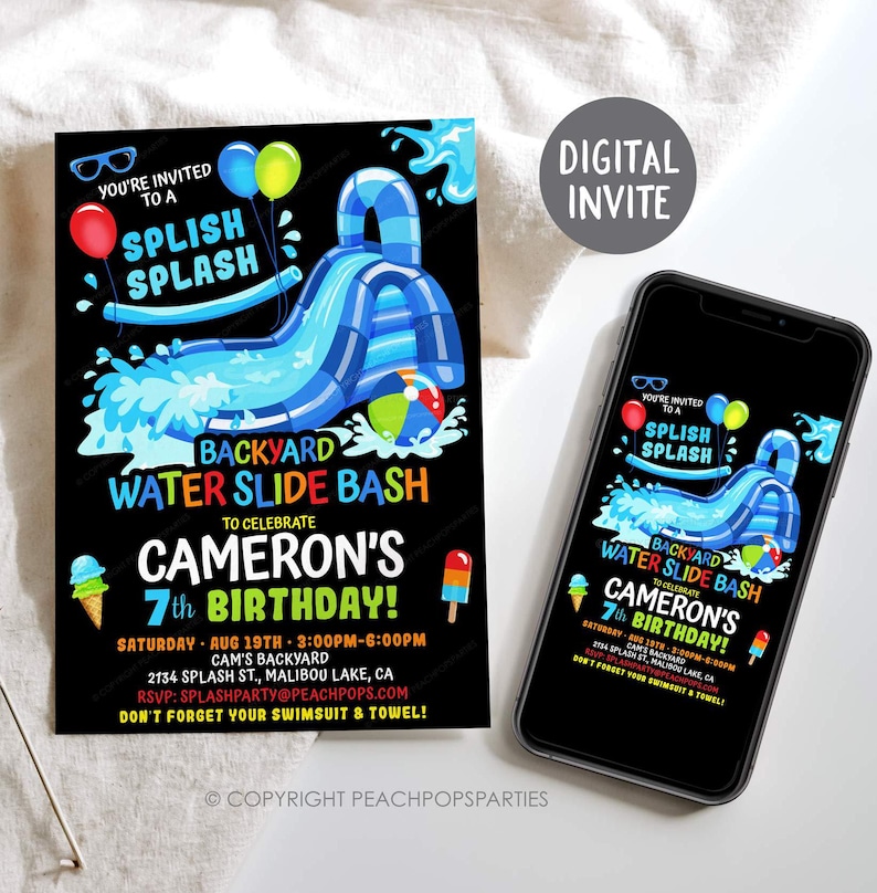 Digital Water Slide Birthday Party Invitation that you edit in Corjl. Blue striped water slide on vertical black background. 5 inches by 7 inches. Colorful balloons, pool noodle, ice cream cone, and freezer pop. Name and age below blue waterslide.