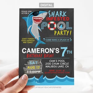 Shark Birthday Party Invitation - Shark Pool Party Birthday Bash - Chalkboard Style DIGITAL Printable Editable Invite 5”x7” Edit TODAY JZ36