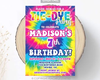 May include: A rectangular invitation card featuring a vibrant tie-dye pattern in shades of pink, yellow, blue, and purple. The text reads: PLEASE JOIN US FOR A TIE-DYE PARTY TO CELEBRATE MADISON'S 7th BIRTHDAY! SATURDAY MAY 31 5-7:00PM MADISON'S HOUSE 2135 BIRTHDAY BLVD IRVINE, CA RSVP JAIMIE AT GROOVY@PEACHPOPS.COM.