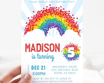 Rainbow Birthday Invitation 5th - ANY Age - Rainbow Confetti Party Girl or Boy - DIGITAL Printable Invite 5” x 7” Edit Today Self EDITABLE