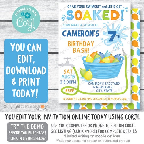 Water Balloon Invitation Water Balloon Birthday Bash Etsy