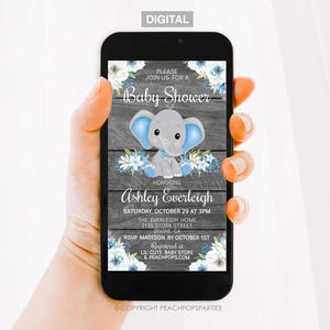 May include: A digital invitation for a baby shower with a blue and white floral design. The invitation features a cute cartoon elephant with blue ears and a bow tie. The text on the invitation reads "Please join us for a Baby Shower honoring Ashley Everleigh. Saturday, October 29 at 3pm. The Everleigh Home, 2135 Stork Street, Irvine, CA. RSVP Madison by October 1st. Registered at Lil' Cute Baby Store & Peachpops.com. Copyright Peachpopsparties."