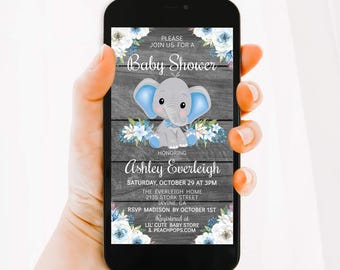 Elephant Baby Shower TEXT Invitation, Blue, Boy Jungle Floral Safari, DIGITAL EDITABLE Electronic Smartphone Invite, Edit, Text or Email!