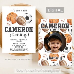 May include: Two rectangular birthday invitation cards featuring a sports theme with basketballs, footballs, and baseballs. The text reads: LET'S HAVE A BALL, CAMERON is turning 7, SATURDAY, JANUARY 25, 3-5:00PM, HADLEY STADIUM, 2135 DUGOUT DRIVE, IRVINE, CA.