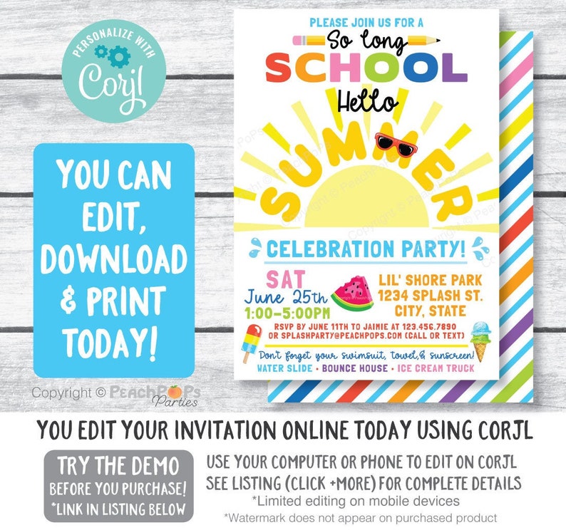 So long School, Hello Summer Celebration Party digital editable invitation that you edit in Corjl. Half sun with rays, sunglasses over letter M in summer. Watermelon slice, ice cream cone, freezer pop accents on white vertical 5 by 7 inch background.