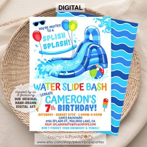 May include: A digital invitation for a Water Slide Bash 7th birthday party. The card features a blue inflatable water slide, balloons, sunglasses, and a beach ball. Text includes: You're invited to a splish splash, Cameron's 7th birthday.