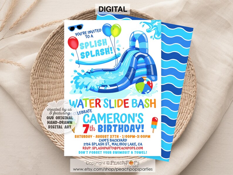 May include: A digital invitation for a Water Slide Bash 7th birthday party. The card features a blue inflatable water slide, balloons, sunglasses, and a beach ball. Text includes: You're invited to a splish splash, Cameron's 7th birthday.