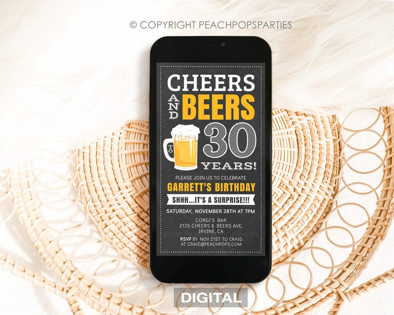 Cheers and Beers Surprise Birthday, TEXT Invitation, 30th, Any Age, DIGITAL EDITABLE Electronic Smartphone Invite, Edit, Text or Email Today image 3