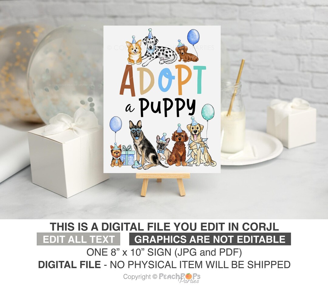 Adopt a Puppy Sign EDITABLE Birthday Dog Pawty Table Decor Blue DIGITAL ...