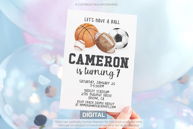 Lets Have a Ball Sports Party Invitation EDITABLE Birthday Invite Baseball Football Soccer Basketball Watercolor DIGITAL 5x7 Printable JD377 image 6