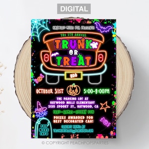 Editable Trunk or Treat Neon Invitation, Spooky Halloween Block Party Invite, Community Church School Kids, DIGITAL Printable 5x7 Template