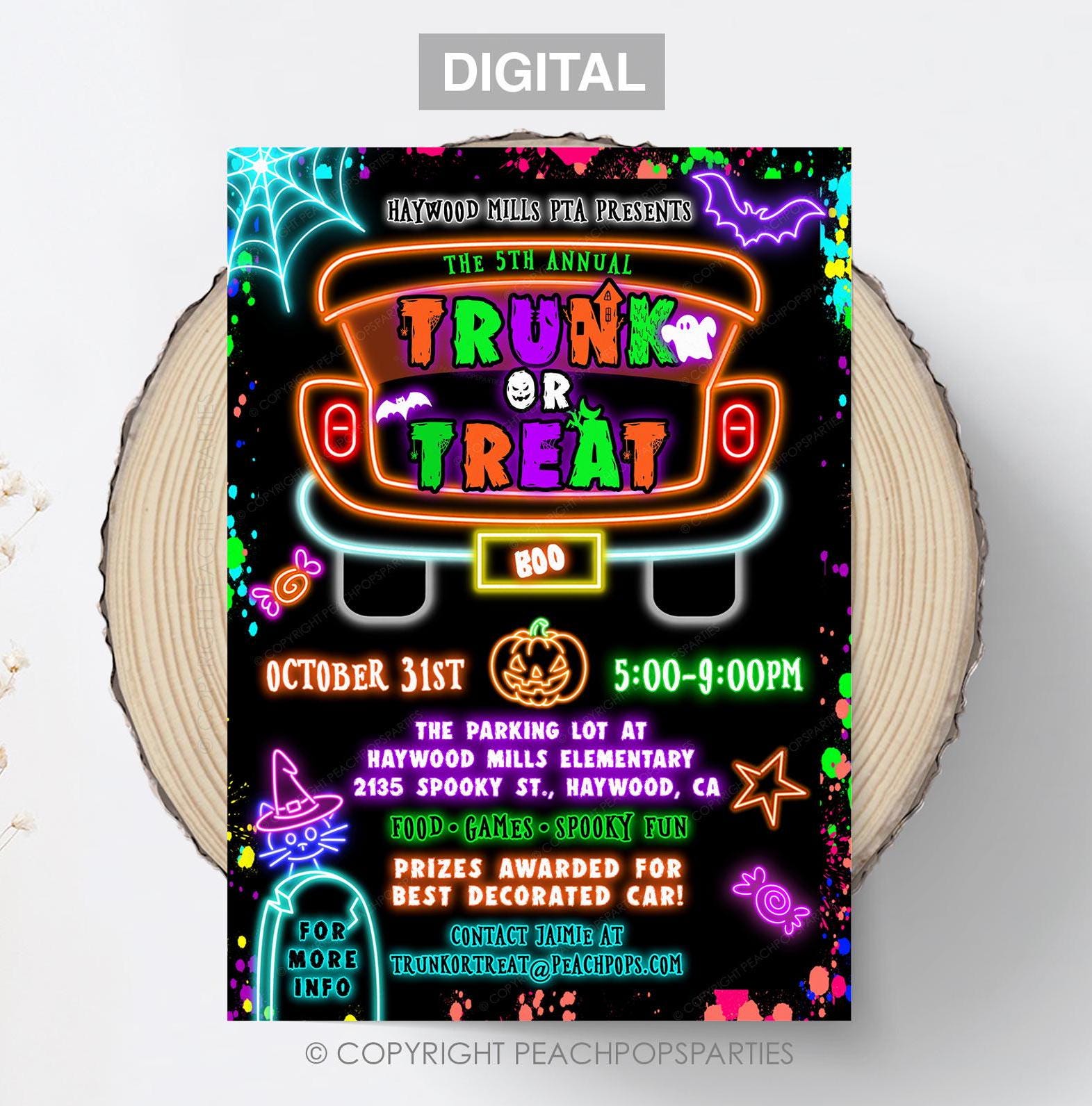 Editable Trunk or Treat Neon Invitation, Spooky Halloween Block Party Invite, Community Church School Kids, DIGITAL Printable 5x7 Template