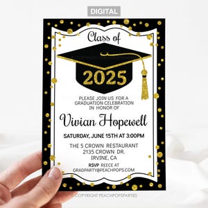Faire-part de remise des diplômes - lycée - collège - paillettes d'or confettis - invitation numérique imprimable 5 x 7 auto-modifiable - modifier vous-même aujourd'hui !