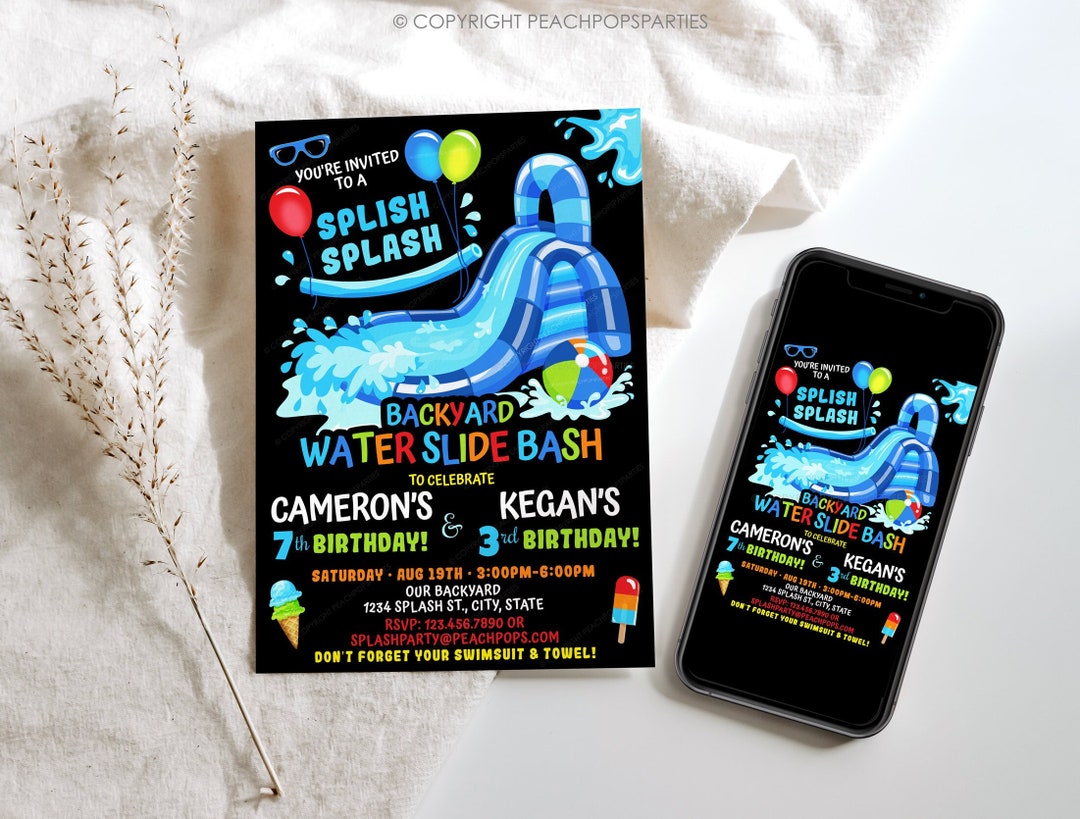 Editable Waterslide Birthday Invitation Boys Girls Water Slide Splash