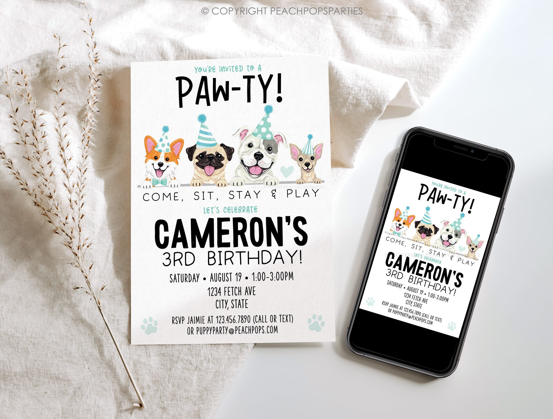 Lets Pawty Birthday Editable Puppy Dog Invitation Teal Blue Dog Party ...