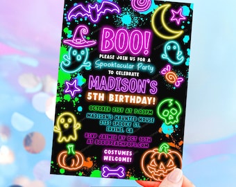Neon Halloween Party Invitation, Editable Spooky Costume Party Invite, Glow Party, Boo, Birthday Invite, DIGITAL 5x7 Printable Invite HH242