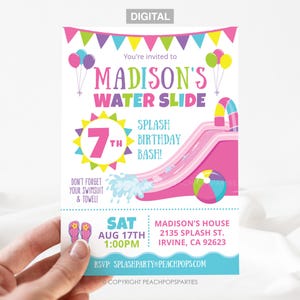 Splash Water Slide Birthday Party Invitation Waterslide Bash - Pool - Pink - Girl- DIGITAL Printable Editable Invite 5” x 7” - Edit Today!