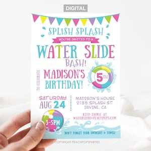 Water Slide Invitation - Splash Waterslide Birthday Bash - Pool Party Fun - Pink -  DIGITAL Printable Editable Invite 5” x 7” - Edit TODAY!