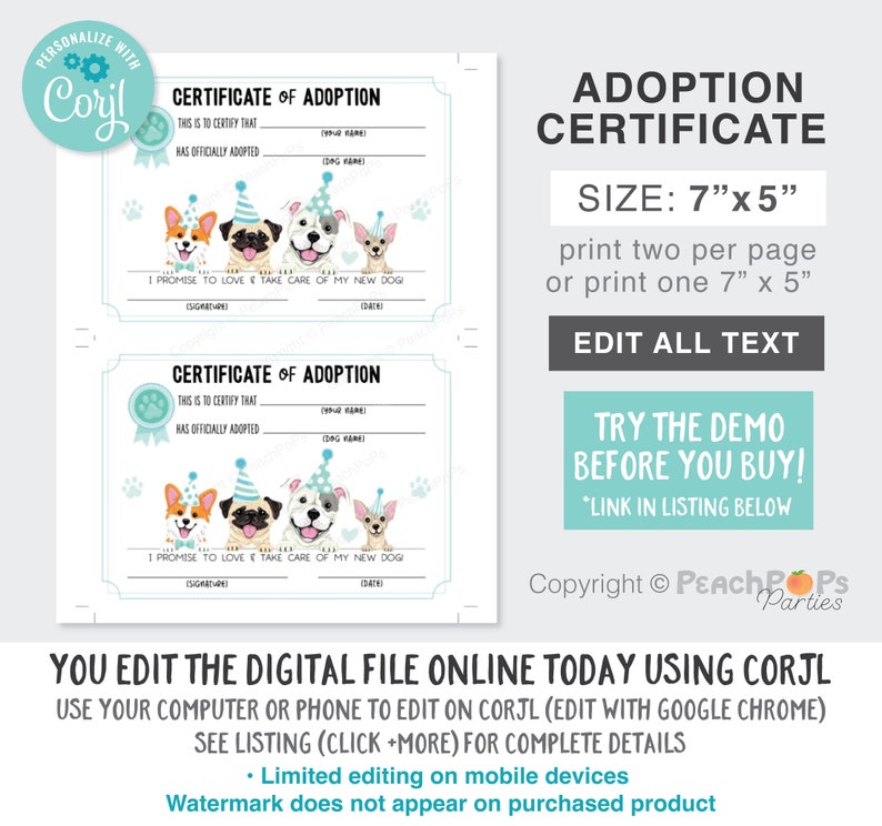 Dog Pawty Adoption Certificate EDITABLE Puppy Party Favor Blue Digital ...