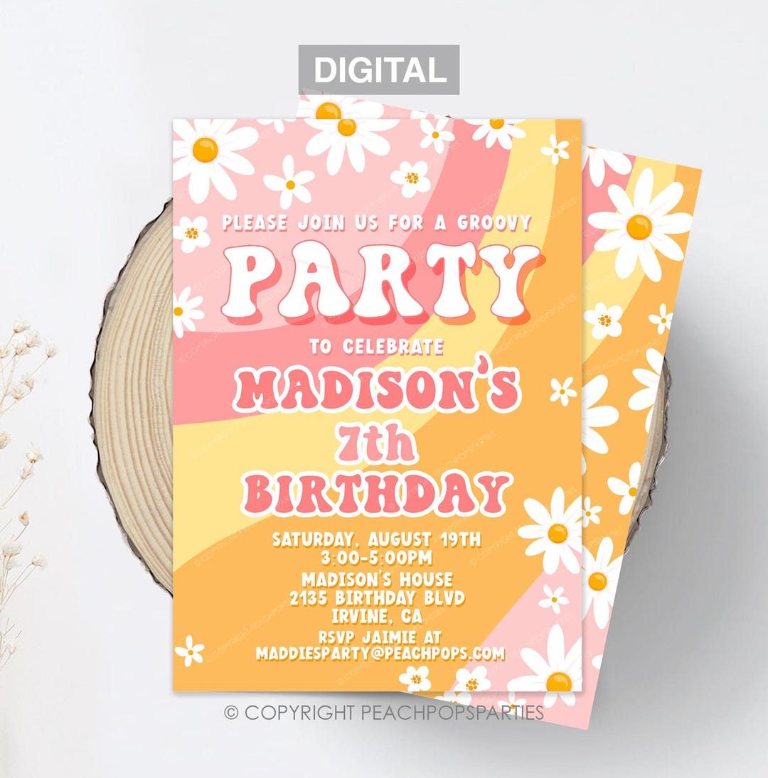 Retro Groovy Daisy Birthday Invitation: Boho Hippie Summer Party ...