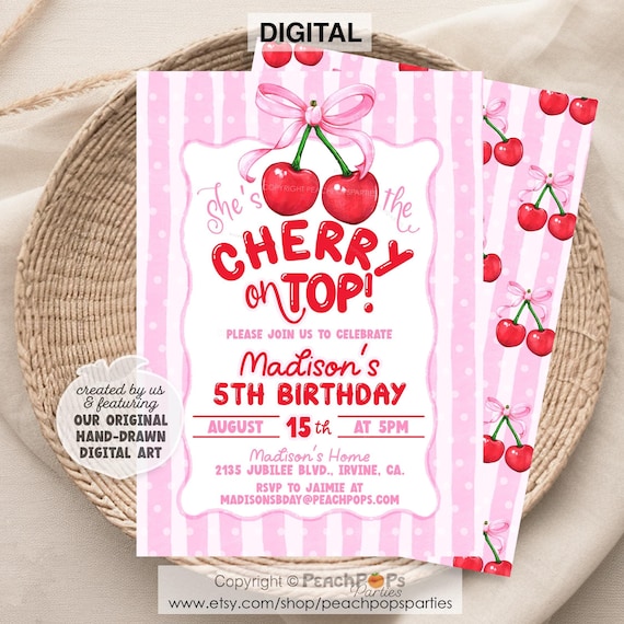 Cherry on Top Birthday Invitation EDITABLE Party Invite Pink Bow Cherries 5x7 DIGITAL Printable CH422