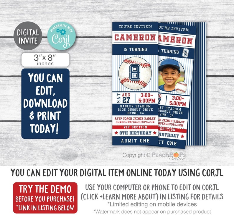 Digital baseball birthday party ticket style invitation that you edit in your browser on the Corjl website. Rustic baseball. Red stitching on light blue pin striped background. Large blue age on top of baseball. Vertical. Dark blue and red accents.