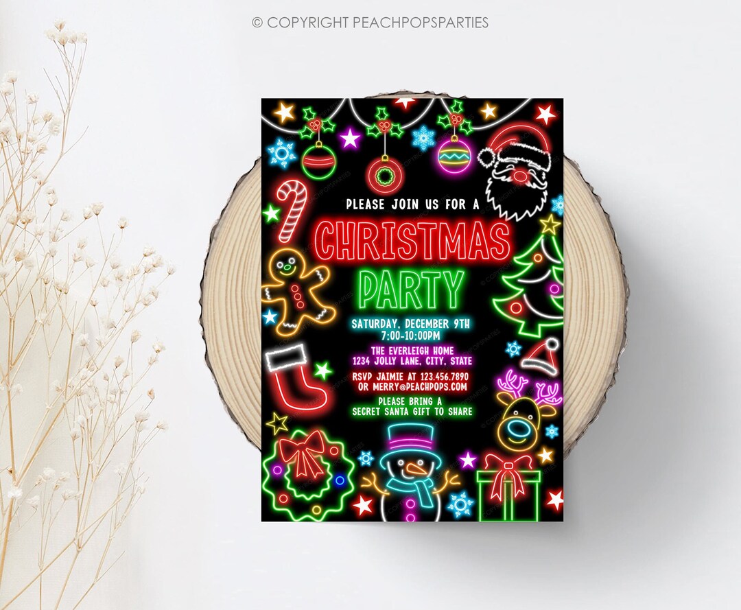 Editable Neon Christmas Party Invitation, DIGITAL Holiday Party Invite ...